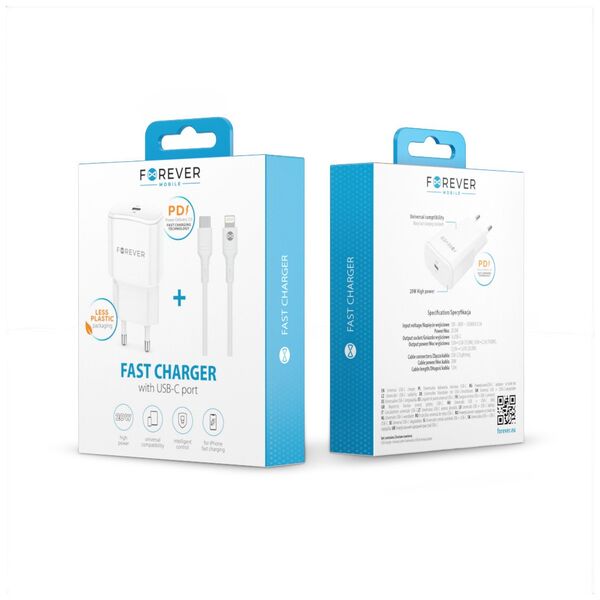 Forever TC-01-20AC PD QC charger 1x USB-C 1x USB 20W white + USB-C - Lightning cable 20W 5907457738577