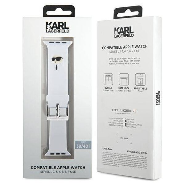 Strap for APPLE WATCH 4 / 5 / 6 / 7 / 8 / SE (38 / 40 / 41 MM) Karl Lagerfeld Strap 3D Rubber Karl Head (KLAWMSLKNH) white 3666339127398