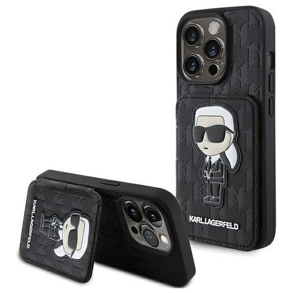 Original Case APPLE IPHONE 15 PRO Karl Lagerfeld Hardcase Saffiano Cardslots and Stand Monogram Ikonik Patch (KLHCP15LSAKKNSCK) black 3666339169497