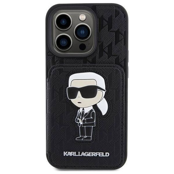 Original Case APPLE IPHONE 15 PRO Karl Lagerfeld Hardcase Saffiano Cardslots and Stand Monogram Ikonik Patch (KLHCP15LSAKKNSCK) black 3666339169497