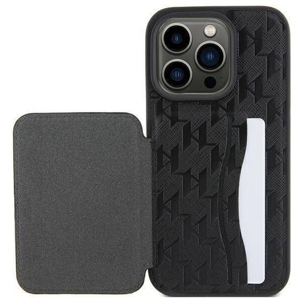 Original Case APPLE IPHONE 15 PRO Karl Lagerfeld Hardcase Saffiano Cardslots and Stand Monogram Ikonik Patch (KLHCP15LSAKKNSCK) black 3666339169497