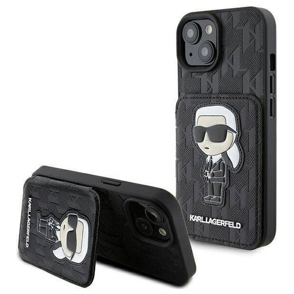 Original Case APPLE IPHONE 15 Karl Lagerfeld Hardcase Saffiano Cardslots and Stand Monogram Ikonik Patch (KLHCP15SSAKKNSCK) black 3666339169473