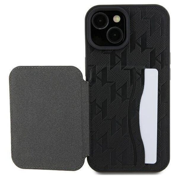 Original Case APPLE IPHONE 15 Karl Lagerfeld Hardcase Saffiano Cardslots and Stand Monogram Ikonik Patch (KLHCP15SSAKKNSCK) black 3666339169473