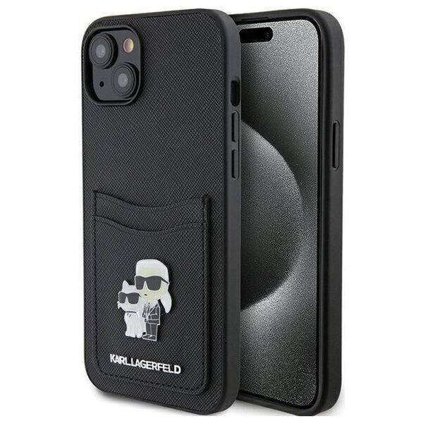 Original Case APPLE IPHONE 15 Karl Lagerfeld Hardcase Saffiano Cardslot Karl&Choupette Metal Pin (KLHCP15SSAPKCNPK) black 3666339165512