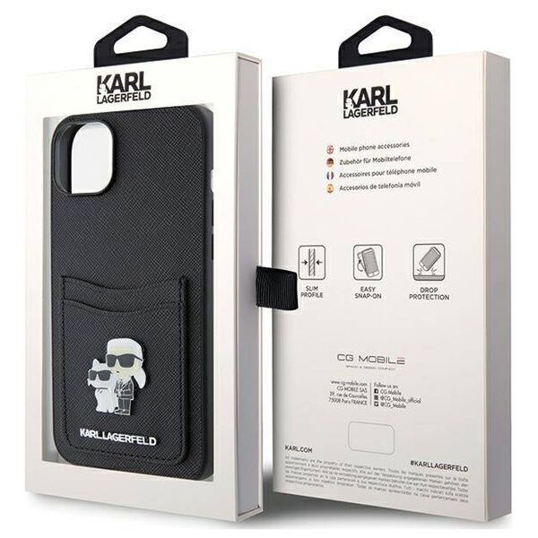 Original Case APPLE IPHONE 15 Karl Lagerfeld Hardcase Saffiano Cardslot Karl&Choupette Metal Pin (KLHCP15SSAPKCNPK) black 3666339165512