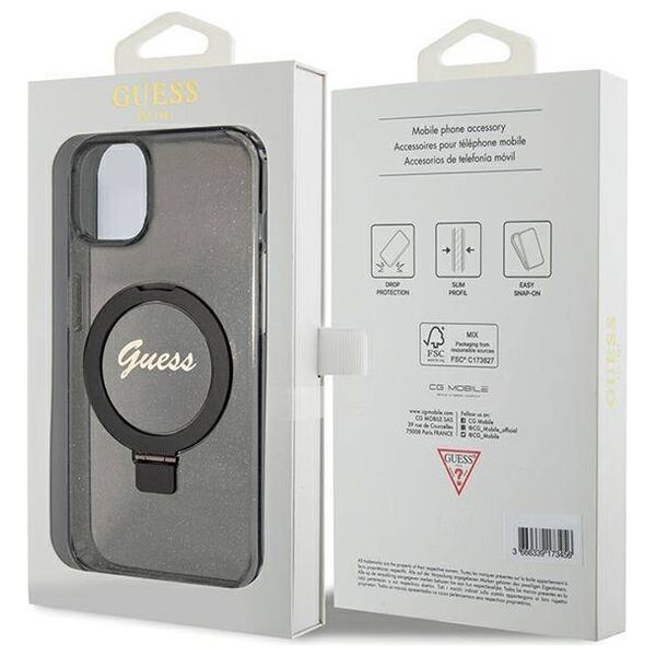 Original Case APPLE IPHONE 15 Guess Hardcase Ring Stand Script Glitter MagSafe (GUHMP15SHRSGSK) black 3666339156329