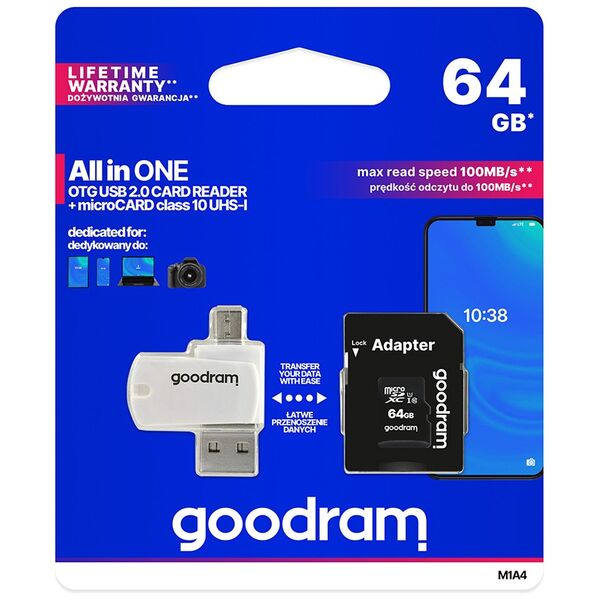 GoodRam memory card 64GB microSDHC cl. 10 UHS-I + adapter + card reader 5908267930281