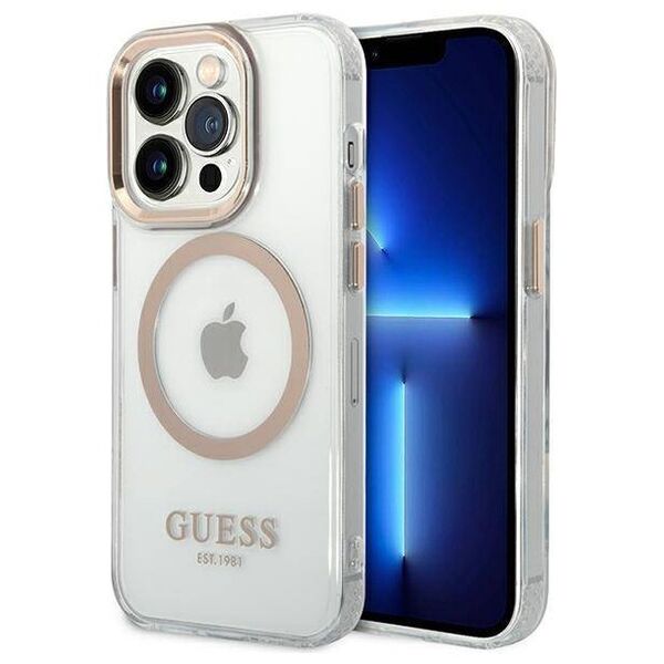 Original Case IPHONE 14 PRO MAX Guess Hard Case Metal Outline Magsafe (GUHMP14XHTRMD) gold 3666339069735