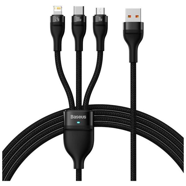 3in1 USB cable Baseus Flash Series, USB-C + micro USB + Lightning, 100W, 1.2m (black) 6932172608712
