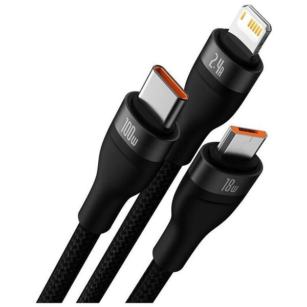 3in1 USB cable Baseus Flash Series, USB-C + micro USB + Lightning, 100W, 1.2m (black) 6932172608712