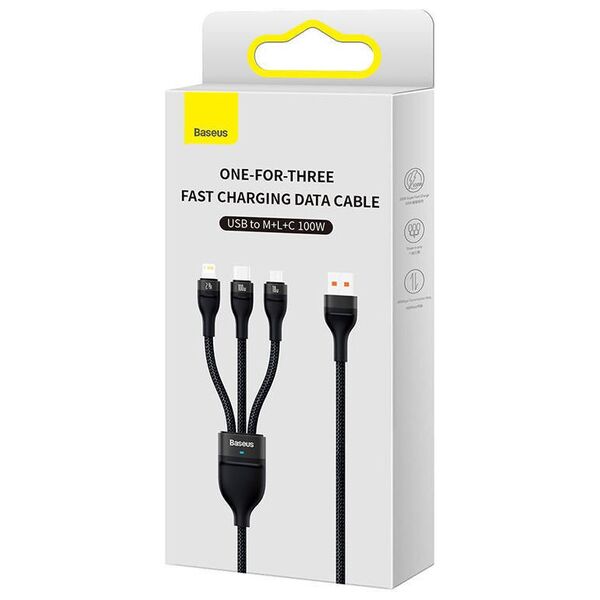 3in1 USB cable Baseus Flash Series, USB-C + micro USB + Lightning, 100W, 1.2m (black) 6932172608712