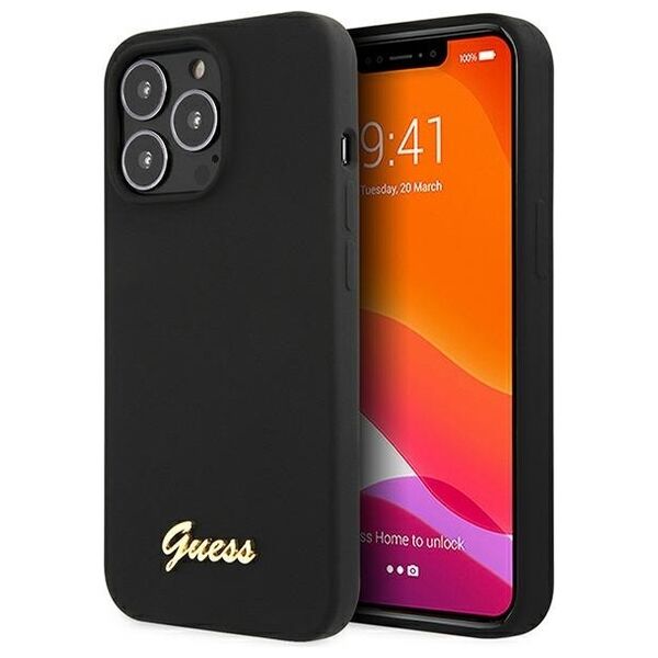 Original Case IPHONE 13 PRO Guess Hardcase Silicone Script Gold Logo black 3666339033866