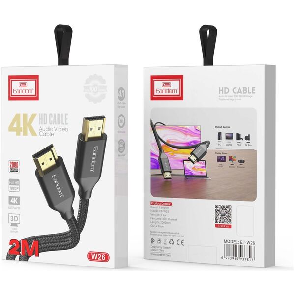 Cable Earldom ET-W26 HDMI - HDMI, 5m., 4K, Braided, Black - 18386 έως 12 άτοκες Δόσεις