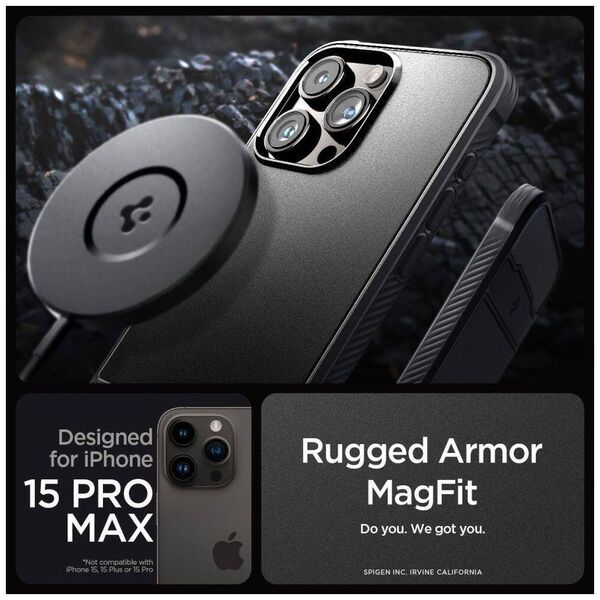 Case APPLE IPHONE 15 PRO MAX Spigen Rugged Armor MagSafe Matte black 8809896749107