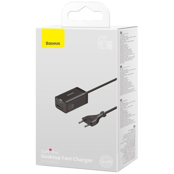 Baseus wall charger GaN3 Pro PD 65W 2x USB-C 2x USB black + USB-C - USB-C cable 6932172600334