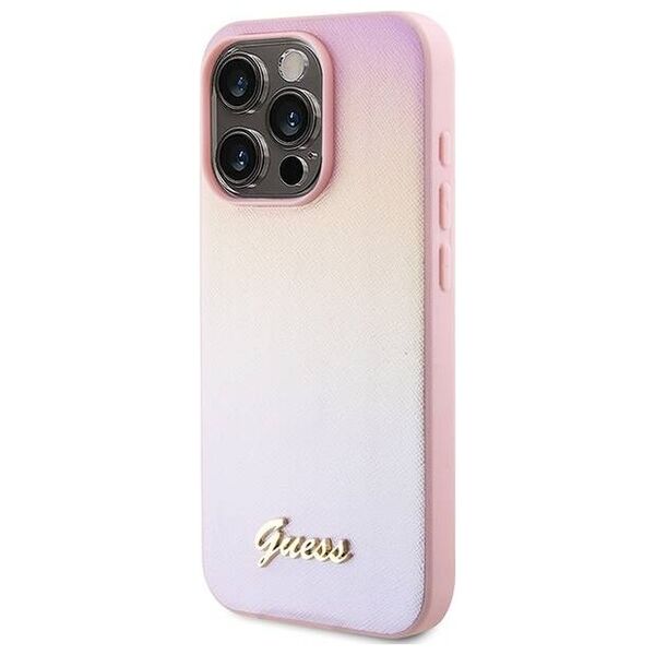 Original Case IPHONE 14 PRO MAX Guess Hardcase Saffiano Iridescent Script (GUHCP14XPSAIRSP) pink 3666339224776