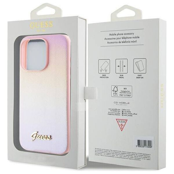 Original Case IPHONE 14 PRO MAX Guess Hardcase Saffiano Iridescent Script (GUHCP14XPSAIRSP) pink 3666339224776