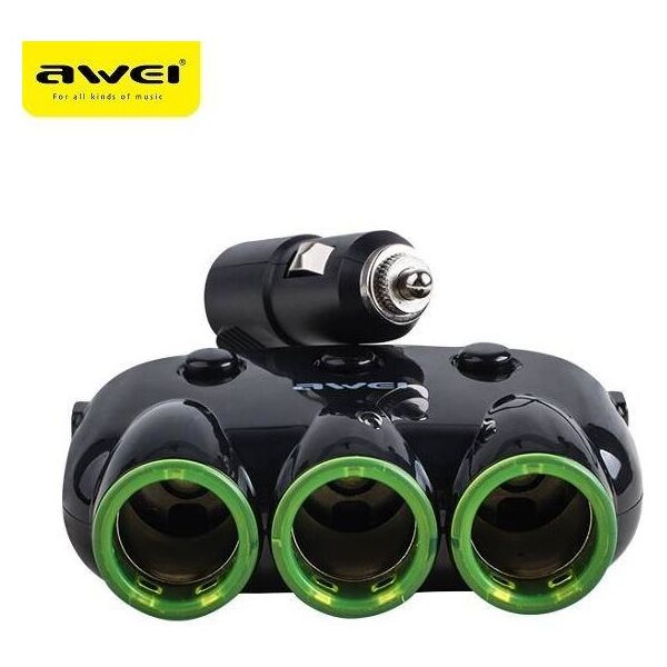 Car Splitter 3 Cigarette Lighter Sockets 12V + 2 USB Splitter AWEI (C-35) black 6954284045353