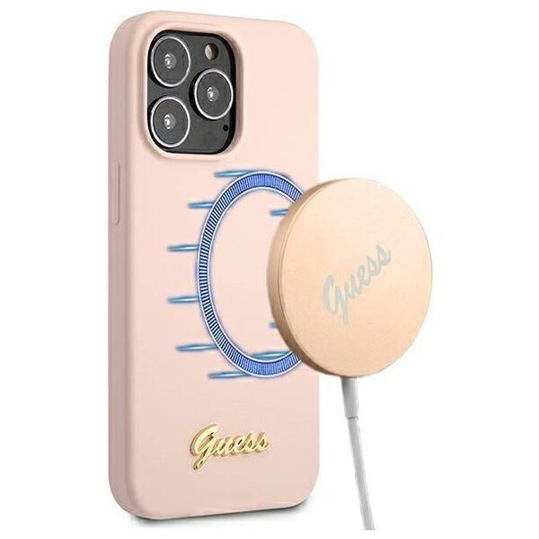 Original Case IPHONE 13 PRO MAX Guess Hardcase Silicone Script Gold Logo Magsafe (GUHMP13XLSLMGLP) light pink 3666339037154