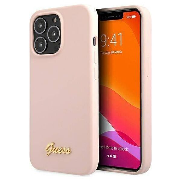 Original Case IPHONE 13 PRO MAX Guess Hardcase Silicone Script Gold Logo Magsafe (GUHMP13XLSLMGLP) light pink 3666339037154