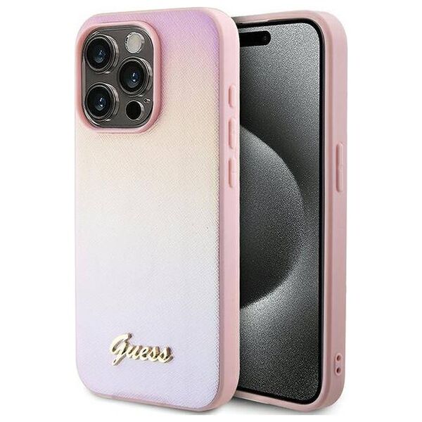 Original Case IPHONE 14 PRO Guess Hardcase Saffiano Iridescent Script (GUHCP14LPSAIRSP) pink 3666339224769