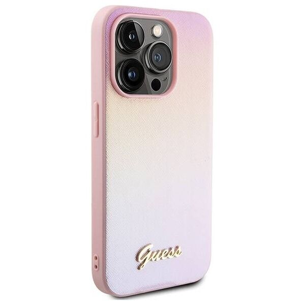 Original Case IPHONE 14 PRO Guess Hardcase Saffiano Iridescent Script (GUHCP14LPSAIRSP) pink 3666339224769