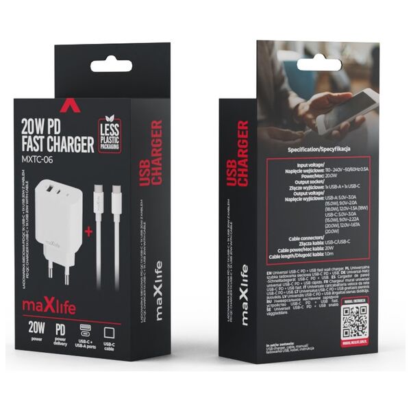 Maxlife MXTC-06-20AC PD QC charger 1x USB-C 1x USB 20W white + USB-C - USB-C cable 20W 5907457738409