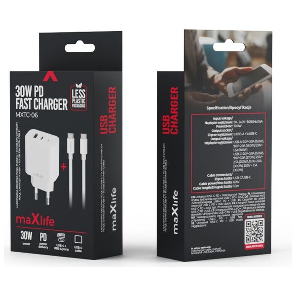 Maxlife MXTC-06-30AC PD QC charger 1x USB-C 1x USB 30W white + USB-C - USB-C cable 60W 5907457738430