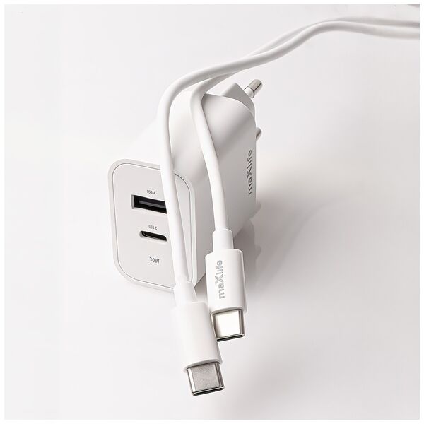 Maxlife MXTC-06-30AC PD QC charger 1x USB-C 1x USB 30W white + USB-C - USB-C cable 60W 5907457738430