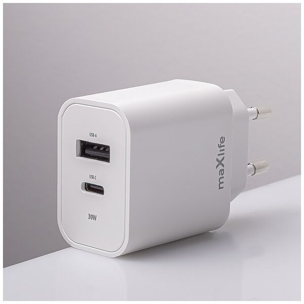 Maxlife MXTC-06-30AC PD QC charger 1x USB-C 1x USB 30W white + USB-C - USB-C cable 60W 5907457738430