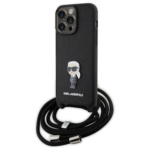 Original Case APPLE IPHONE 15 PRO MAX Karl Lagerfeld Hardcase Crossbody Saffiano Monogram Metal Pin Karl & Choupette (KLHCP15XSASKNPSK) black 3666339165901