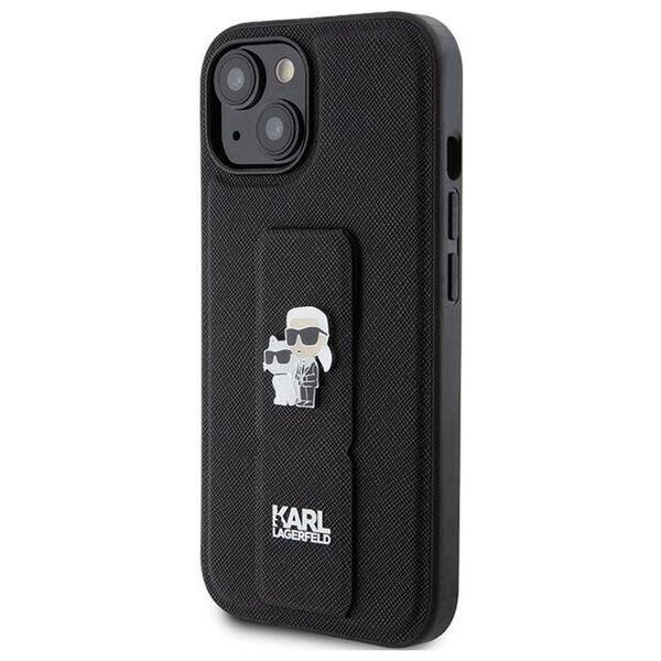 Original Case APPLE IPHONE 15 Karl Lagerfeld Hardcase Gripstand Saffiano Karl&Choupette Pins (KLHCP15SGSAKCPK) black 3666339206871