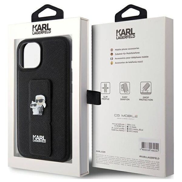 Original Case APPLE IPHONE 15 Karl Lagerfeld Hardcase Gripstand Saffiano Karl&Choupette Pins (KLHCP15SGSAKCPK) black 3666339206871