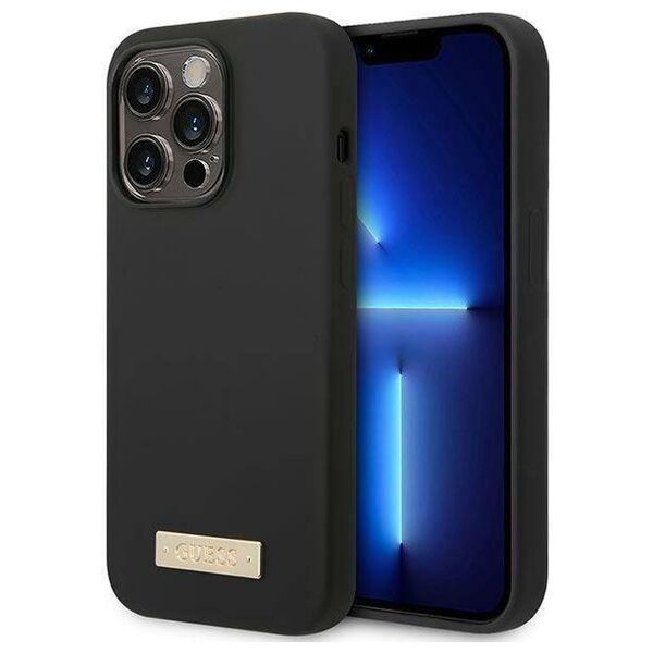 Original Case IPHONE 14 PRO Guess Hard Case Silicone Logo Plate MagSafe black 3666339070243