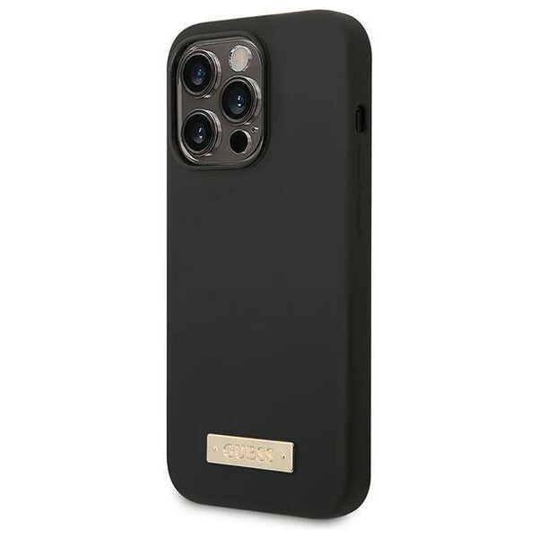 Original Case IPHONE 14 PRO Guess Hard Case Silicone Logo Plate MagSafe black 3666339070243