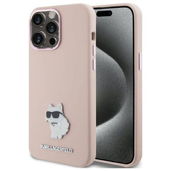 Original Case APPLE IPHONE 15 PRO Karl Lagerfeld Silicone Choupette Metal Pin (KLHCP15LSMHCNPP) pink 3666339166250