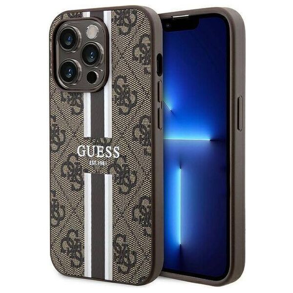 Original Case APPLE IPHONE 15 PRO Guess Hardcase 4G Printed Stripes MagSafe (GUHMP15LP4RPSW) brown 3666339203467