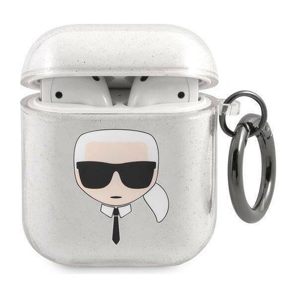 Original Case APPLE AIRPODS Karl Lagerfeld Cover Glitter Karl`s Head (KLA2UKHGS) silver 3666339030285