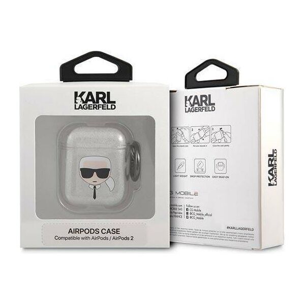Original Case APPLE AIRPODS Karl Lagerfeld Cover Glitter Karl`s Head (KLA2UKHGS) silver 3666339030285