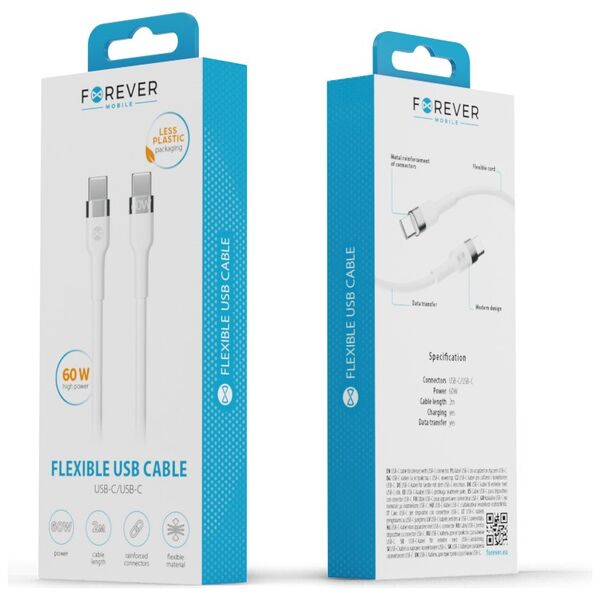 Forever Flexible cable USB-C - USB-C 2,0 m 60W white 5900495978530