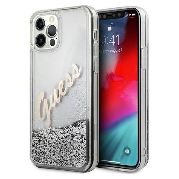 Original Case IPHONE 12 PRO MAX Guess Hardcase Glitter Vintage Script (GUHCP12LGLVSSI) silver 3700740495353