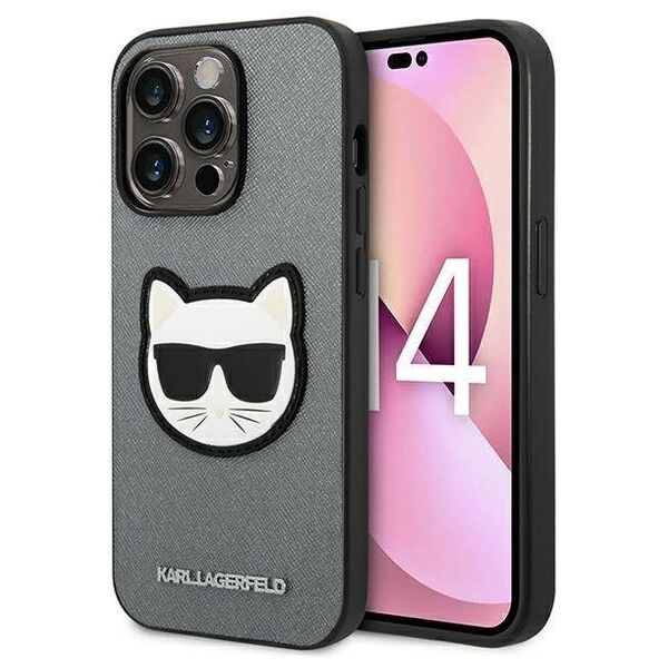 Original Case IPHONE 14 PRO Karl Lagerfeld Hardcase Saffiano Choupette Head Patch silver 3666339077013
