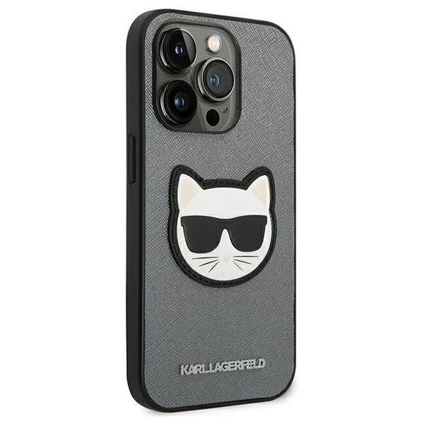 Original Case IPHONE 14 PRO Karl Lagerfeld Hardcase Saffiano Choupette Head Patch silver 3666339077013