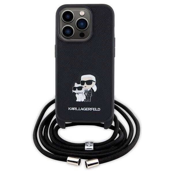 Original Case APPLE IPHONE 15 PRO Karl Lagerfeld Hardcase Crossbody Saffiano Metal Pin Karl & Choupette (KLHCP15LSAKCPSK) black 3666339165772