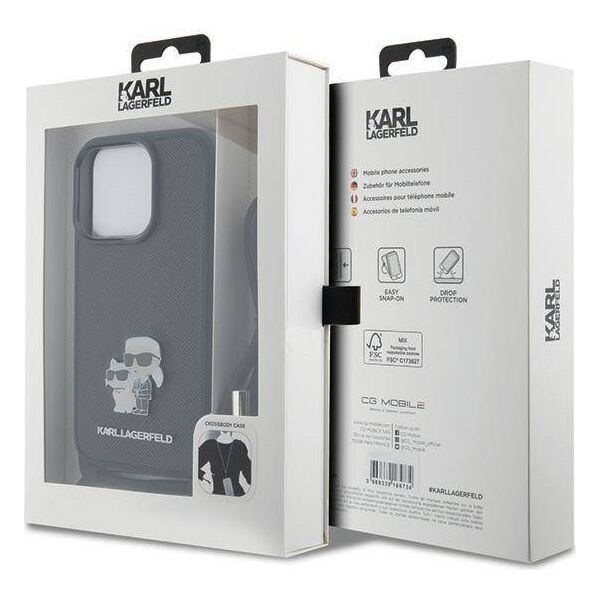 Original Case APPLE IPHONE 15 PRO Karl Lagerfeld Hardcase Crossbody Saffiano Metal Pin Karl & Choupette (KLHCP15LSAKCPSK) black 3666339165772