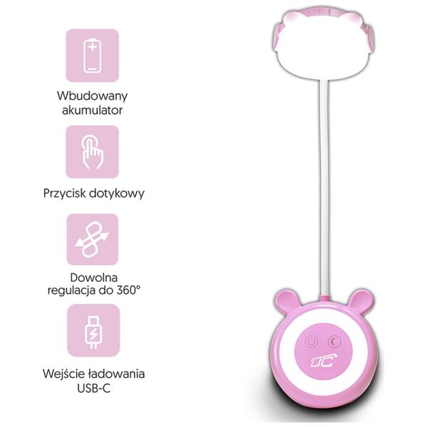LED Teddy bear desk Lamp 3W, 3000/4500/6000K, adjustable, 1200mAh, pink,  LTC 5902270787740